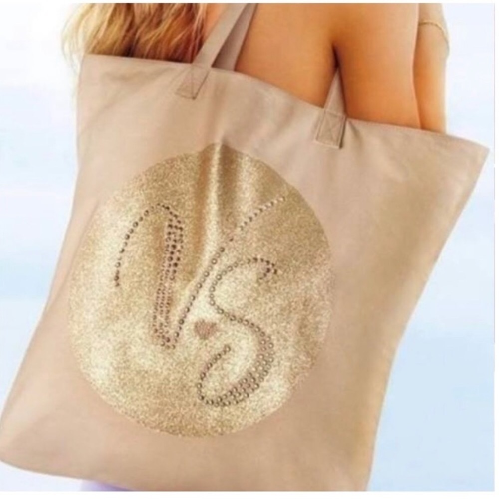 Victoria’s Secret Gold Sparkle Logo Canvas Tote Bag Beach Pool Tan Medium NWT‌
